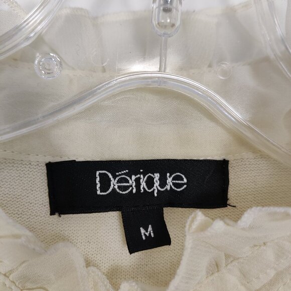 Dérique Women's Button Up Cardigan Blouse Size M Cream Ruffle Rayon Cotton Knit - Picture 2 of 7